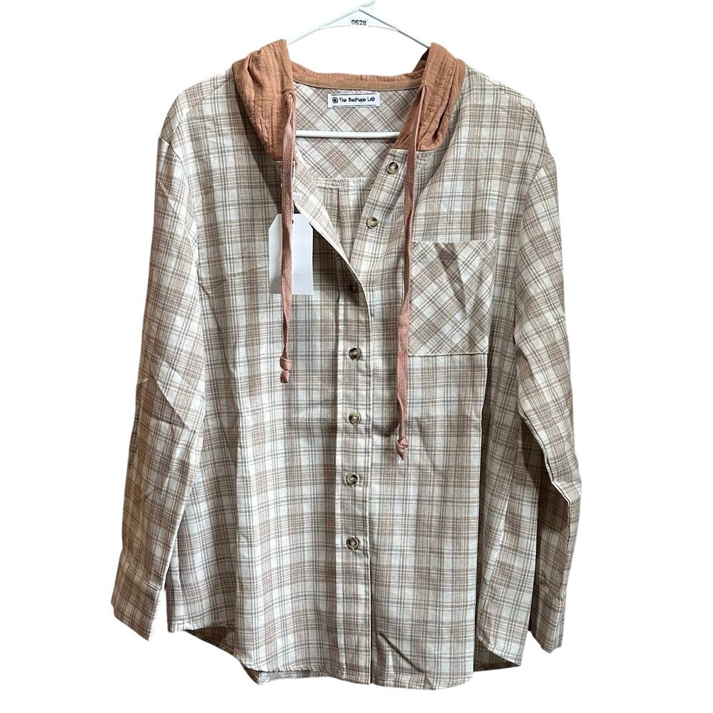 NWT! Women’s Oversized Small Button Up Hoodie Top Shacket Long Sleeve Plaid K628